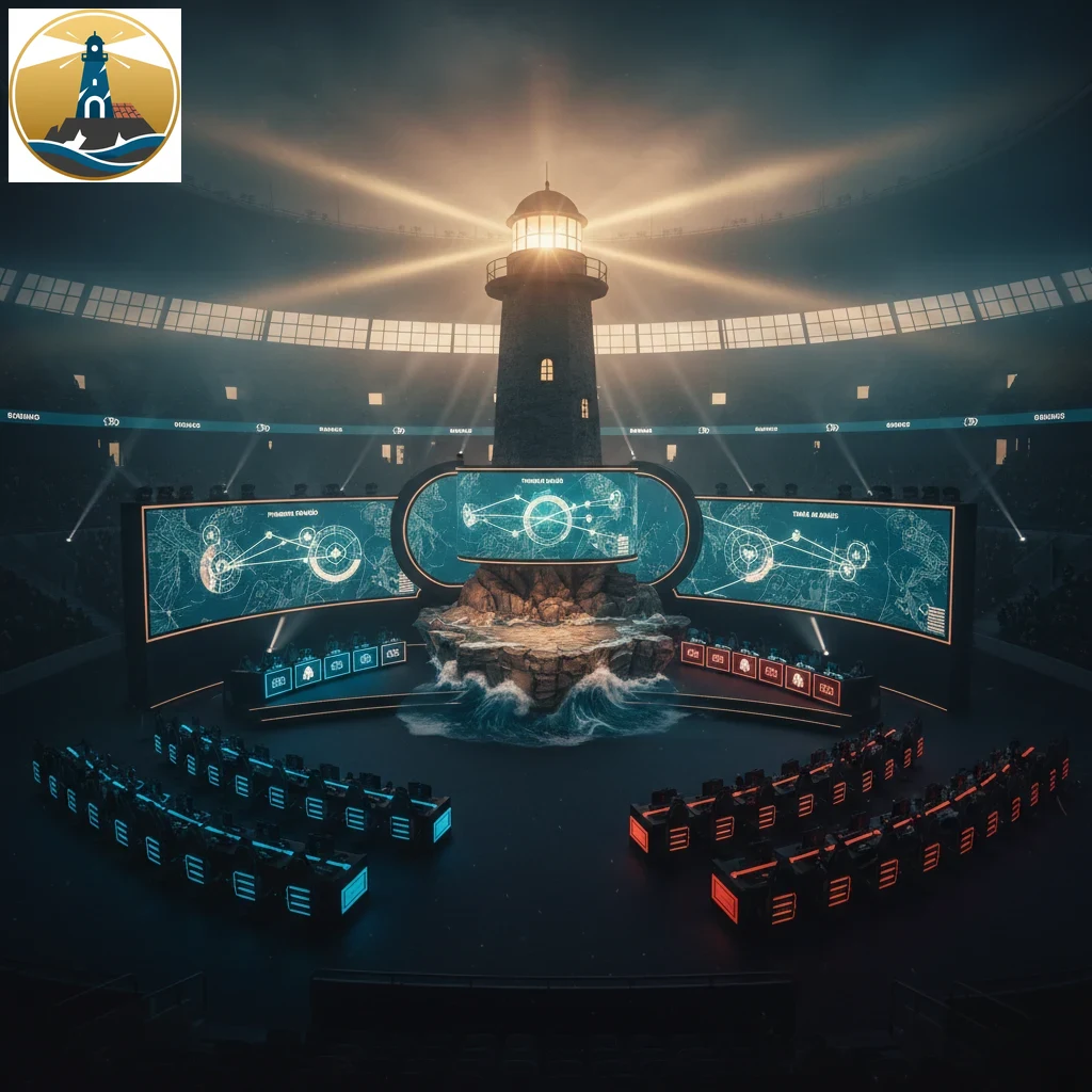 Ecrã de transmissão de torneio profissional de League of Legends com interface de jogo