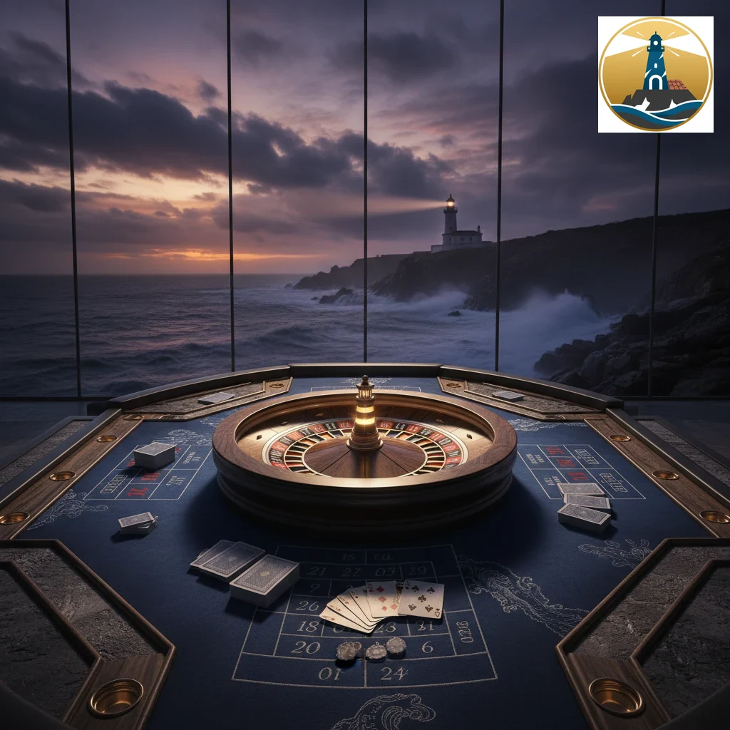 Mesa de roleta de cassino com fichas de aposta e cartas de jogo